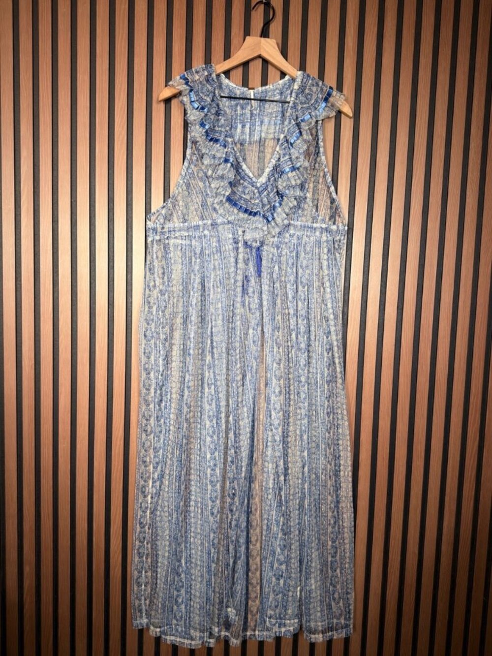 Free People Duster XS Women Boho Blue Ribbon Flowy Tassles Ruffle Neckline Sheer
